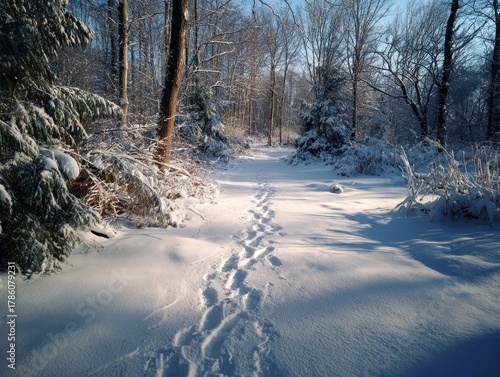 Sunlit Winter Forest Pathway Fresh Snow Footprints Woodland Scene Bare Branches Evergreen Trees Cold Weather Beauty Outdoors Exploration Morning Light