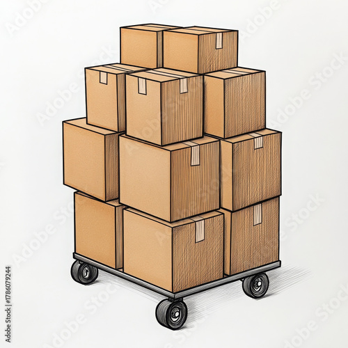 Stacked cardboard boxes on cart, hand drawn style, moving, storage, simple background