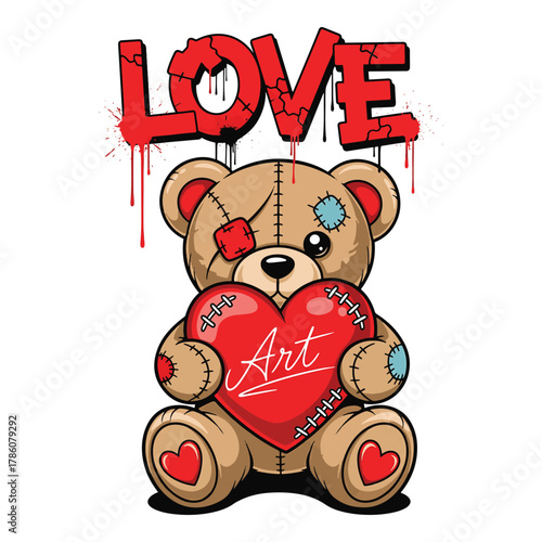 Graffiti style teddy bear holding a heart with the word art written on it and love above