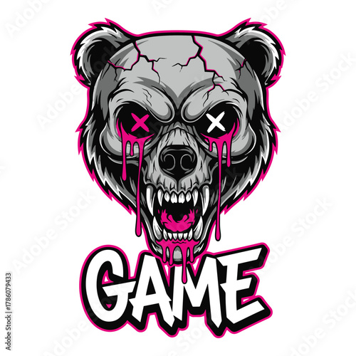 Fierce and menacing grizzly bear skull with dripping blood and glowing eyes representing a dark gaming concept