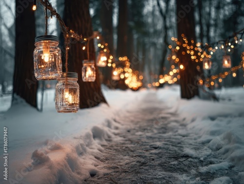 Snow-covered forest path illuminated by hanging mason jar lanterns, casting soft light on the wintry scene and creating a peaceful, dreamlike atmosphere