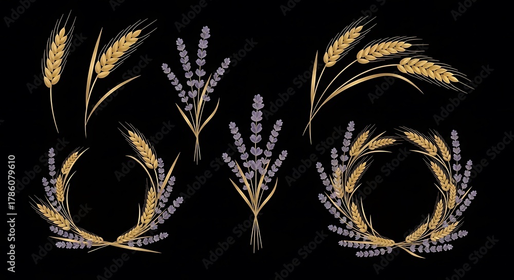 Fototapeta premium Golden Wheat Ears and Lavender Bouquets and Wreaths grain ear of wheat