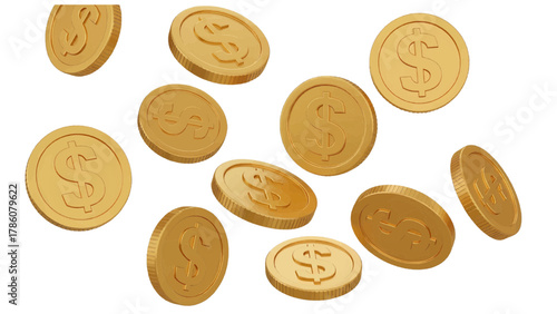 Vector illustration of scattered gold coins with dollar signs on a white background