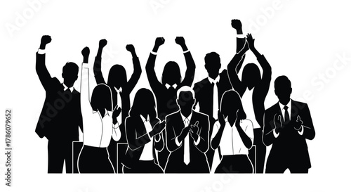 Diverse group of business professionals in silhouette celebrating and clapping with raised fists in a show of unity and success