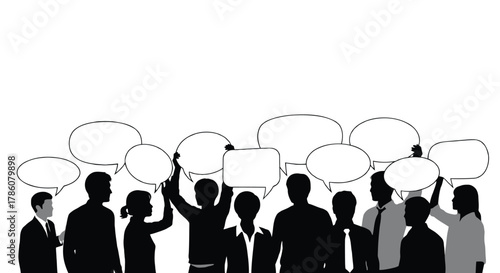 Diverse group of silhouetted people holding blank speech bubbles above their heads representing communication and ideas