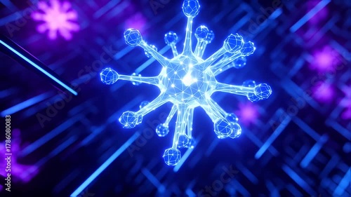 Glowing, digital rendering of a virus structure with a network of light and spherical protrusions