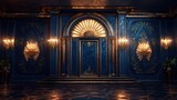Elegant blue & gold palace door; grand interior; reflective floor; event backdrop
