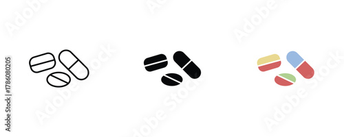 Pills and capsule icon set vector on white background.  medication, drug, tablet, pharmacy, symbol.