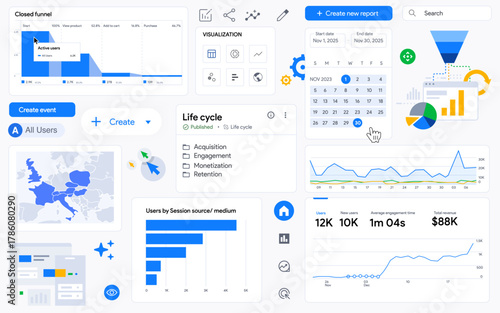 Analytics background with dashboard interface. Charts graphs and data visualization bg. Concept of digital marketing performance and corporate analysis. Vector illustration