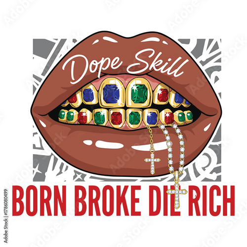 Close up of glossy brown lips revealing gold teeth grills with colorful gems and a diamond rosary necklace