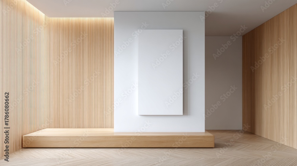 Fototapeta premium Scandinavian home design features a serene space with wooden paneling, a simple white wall, and a minimalist bench. Soft lighting enhances the tranquil atmosphere of the room