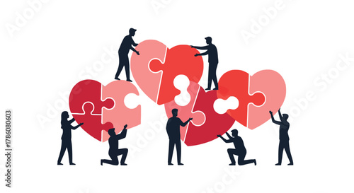 Silhouettes of people working together to assemble heart shaped puzzle pieces symbolizing teamwork and relationships