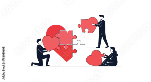 Diverse people collaborate to assemble a large red heart puzzle symbolizing unity teamwork and shared purpose
