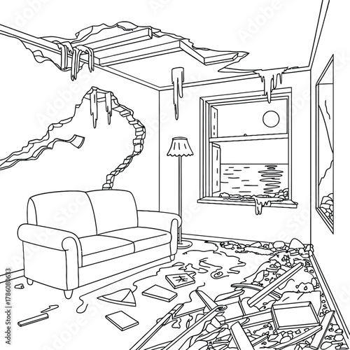 Surreal illustration of a room in disarray with a window to the sea