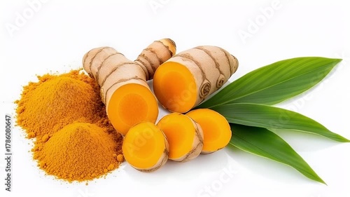 A vibrant still life showcases fresh turmeric roots, some whole and some meticulously sliced, revealing their striking orange interior. Beside them, a golden pile of finely ground turmeric powder crea