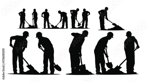 Construction workers shoveling silhouettes isolated on white background, Vector