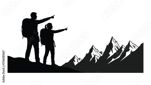 Mountain hikers pointing silhouette isolated on white background, Vector