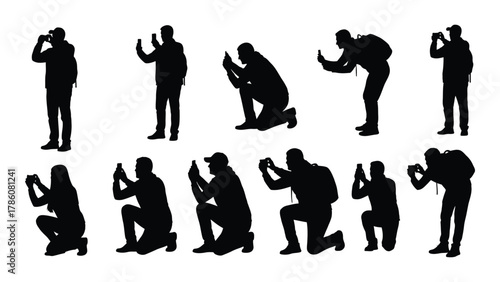 People taking photos silhouettes set isolated on white background, Vector