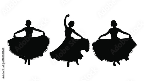 Three female dancers silhouettes isolated on white background, Vector