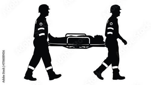 Paramedics carrying patient on stretcher silhouette isolated on white background, Vector