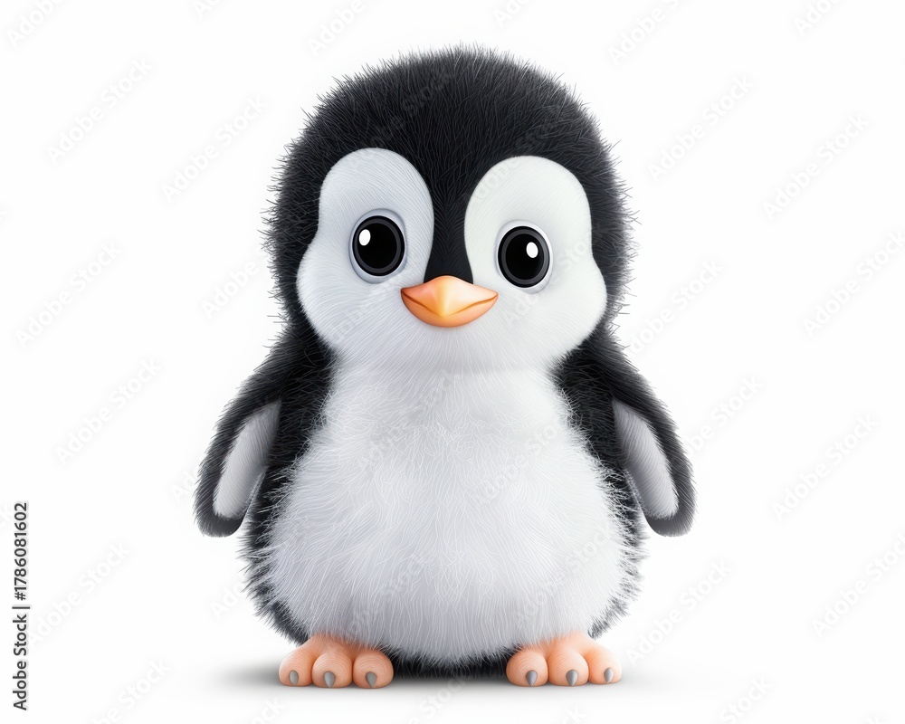 Fototapeta premium Cute, fluffy cartoon penguin with large eyes and a friendly expression.