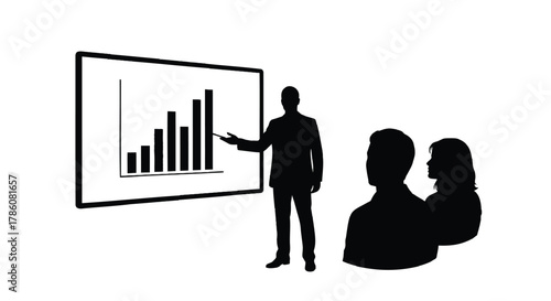 Silhouette of a businessman presenting a growing bar chart on a screen to an audience of two people