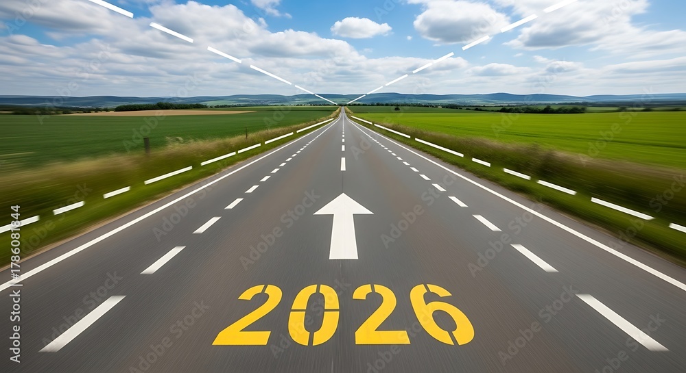 Fototapeta premium Open Highway with Arrow and 2026 Year Symbol under Blue Sky