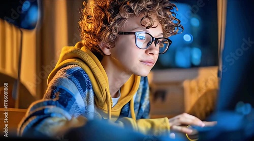 Young Coder with Curly Hair: Boy in Glasses Using Computer at Night