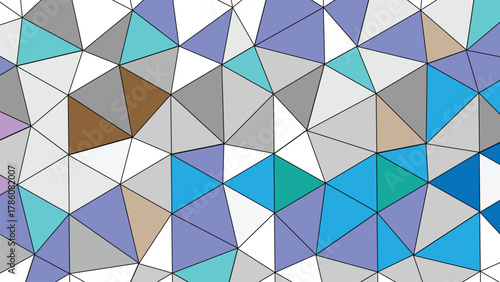 Abstract geometric background with triangles in shades of blue, gray, brown, and white creating a mosaic pattern