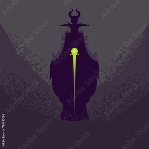 vector illustration of a fairy tale character, book illustration, villain, cartoon, maleficent, witch with horns, sorceress, halloween, costume, person, woman, film