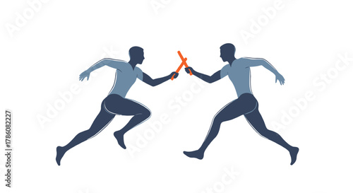 Two stylized athletes in silhouette passing a baton during a relay race on a white background