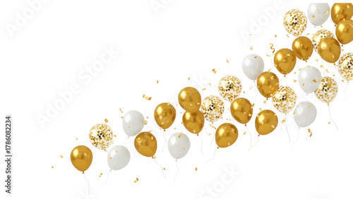 Vector illustration of gold and white balloons with confetti on a white background