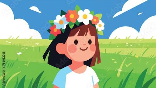 Illustration Of A Little Girl With A Flower Headband In A Meadow Vector Design Template