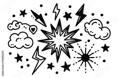 Hand Drawn Cosmic Elements and Design Assets in Black and White Style Perfect for Creative Projects