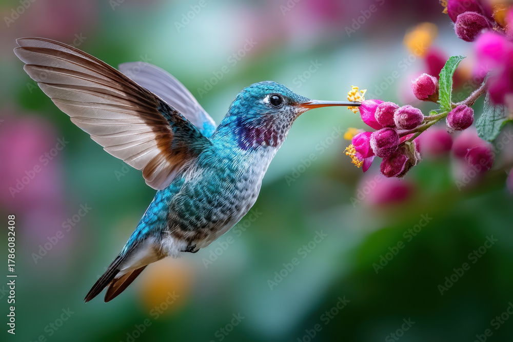 Fototapeta premium Hummingbird feeding on vibrant flowers in a lush garden during daylight
