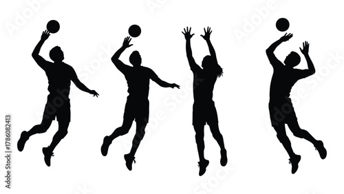 Volleyball player silhouettes in action isolated on white background, Vector