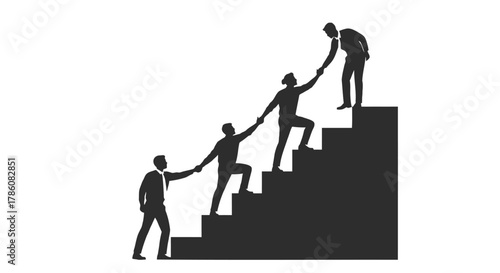 Silhouettes of businessmen helping each other climb stairs symbolizing teamwork and career advancement
