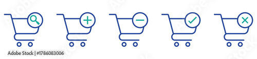 Set of ecommerce cart icons showing standard. Includes plus and minus mark designs for managing product quantities.