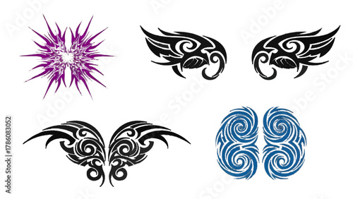 Vector illustration of collection of tribal tattoo designs on a white background