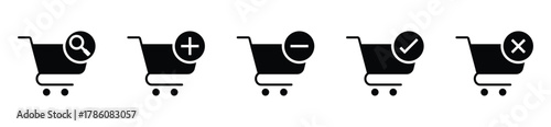 Ecommerce shopping cart icon pack with variations for adding and subtracting items. Features cart symbols with plus and minus indicators for quantity control.