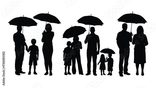 Family silhouettes with umbrellas isolated on white background, Vector