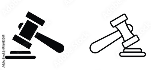 Legal gavel icons including auction hammer designs, judicial mallets, and courtroom symbols in a consistent vector style.