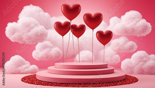 Kids podium stage with red love hearts and clouds. Realistic 3d vector scene in cute childish style, round platform at pink, playful and dreamy background, symbol of love, happi