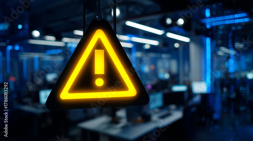 Ícone de alerta iluminado em ambiente corporativo, simbolizando risco, atenção e segurança operacional em cenários de tecnologia e negócios