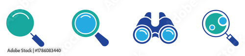 Magnifier and Search Tools Icon Set. Discovery symbols with telescope, binoculars, glasses. Vector illustration.