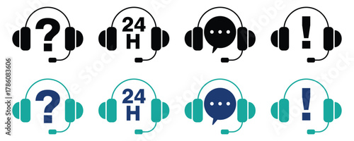 Minimal line style customer support icon set with headset, chat bubble, call center, and help communication symbols.