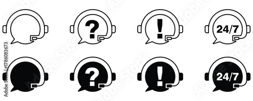 Customer service vector icons in simple outline style, including headphones, live chat message bubbles, and support communication elements.