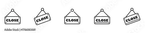 Closed hanging door sign icon. Store and café entrance label in simple outline vector style.