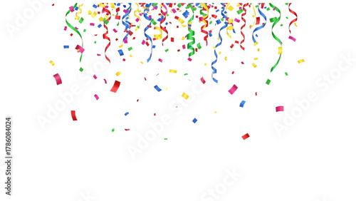 Vector illustration of colorful confetti and streamers falling on a white background