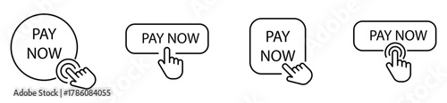 Hand cursor clicking Pay Now button. Digital checkout and payment UI icon.